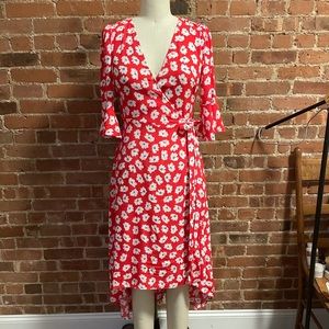 Red Floral Midi Wrap Dress